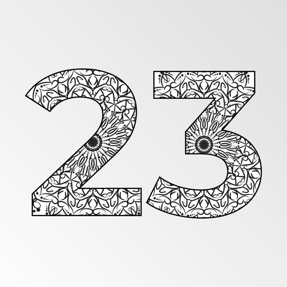 número 23 con mandala. adorno decorativo en estilo étnico oriental. página del libro para colorear vector