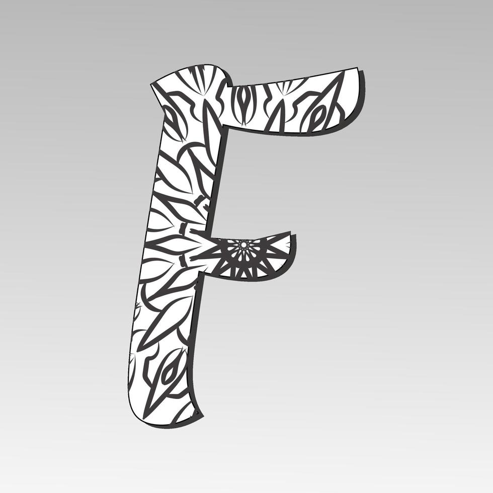 Letter F with Mandala flower. decorative ornament in ethnic oriental style. coloring book page. vector