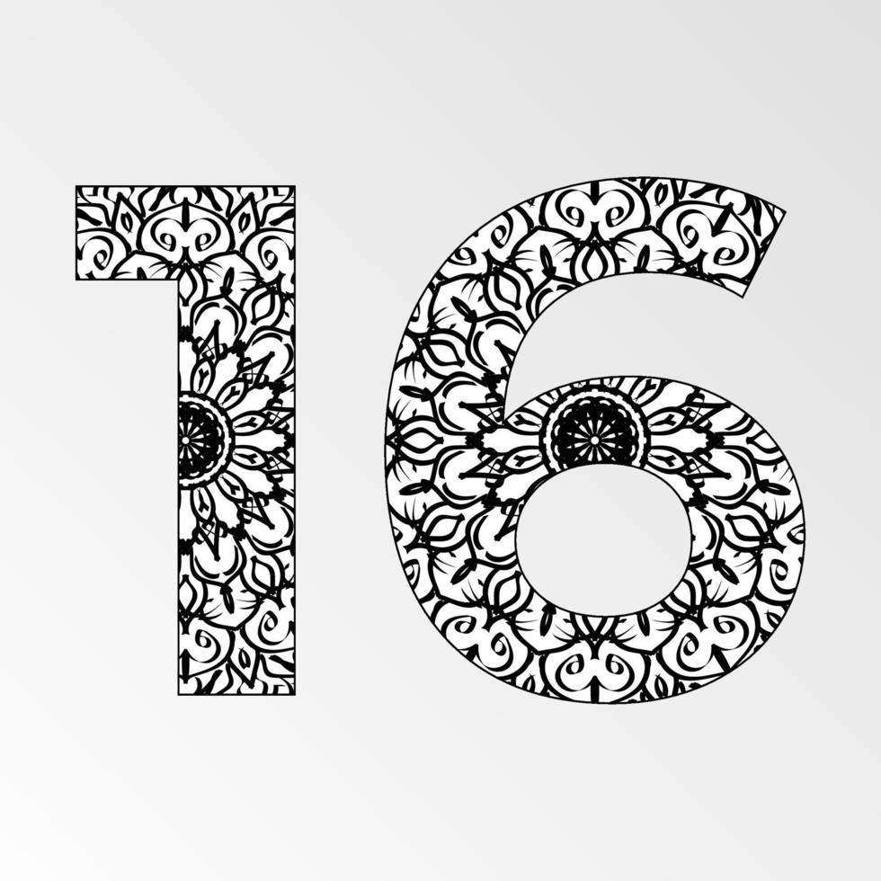 Number 16 with Mandala. decorative ornament in ethnic oriental style. coloring book page. vector
