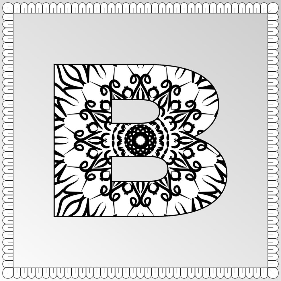 Letter B with Mandala flower. decorative ornament in ethnic oriental style. coloring book page. vector