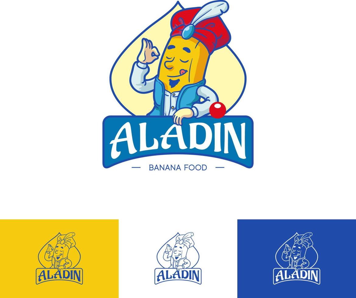 Logotipo de comida de plátano aladin, ilustración de icono de vector de pegatina amarilla fresca, concepto de fruta aislada, estilo de dibujos animados de contorno plano para chips stick cake bread 2