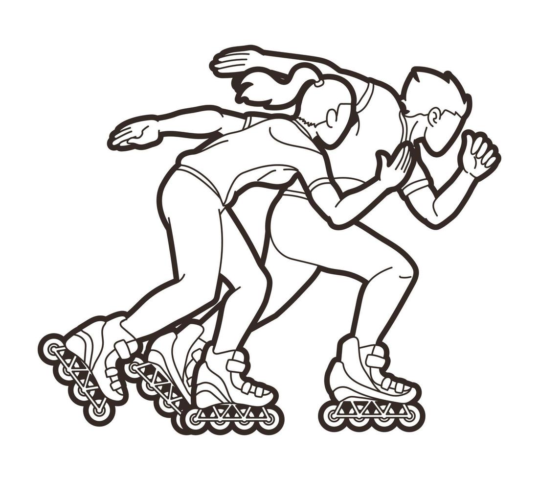 Outline Group of Roller blade Players Action Running Together vector