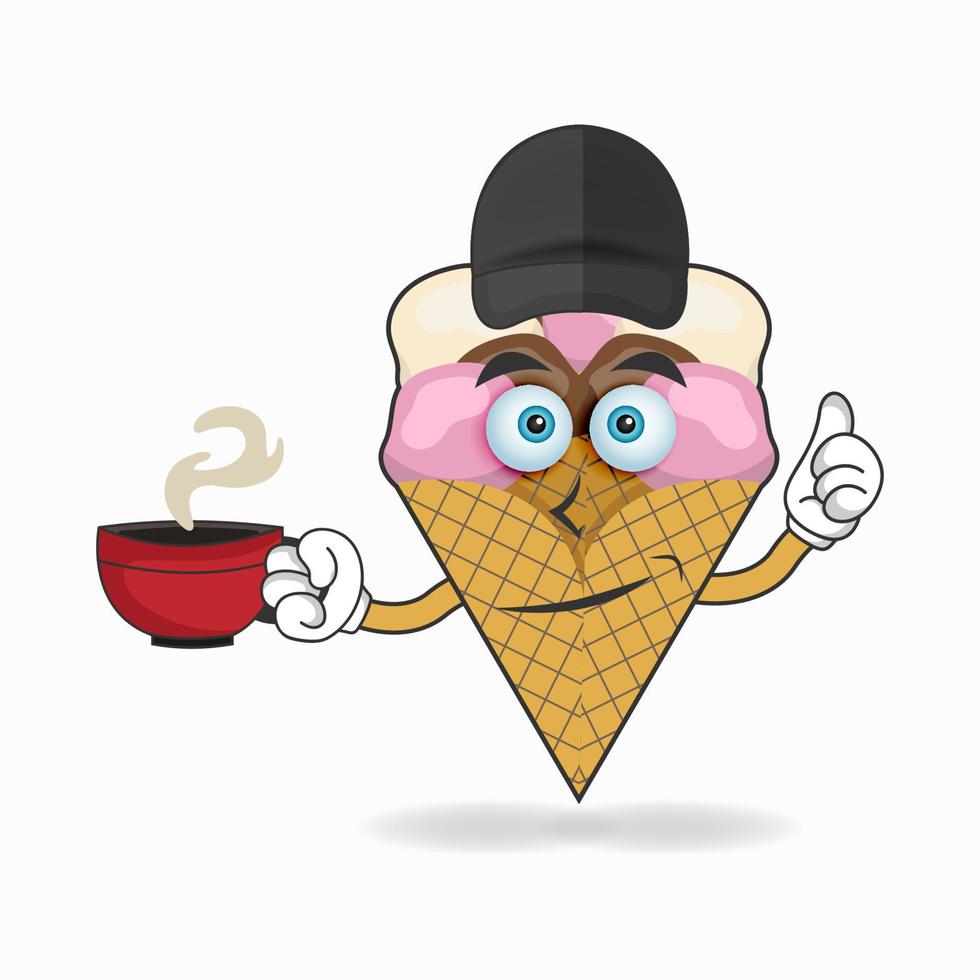 Ice Cream mascot character holding a hot cup of coffee. vector illustration