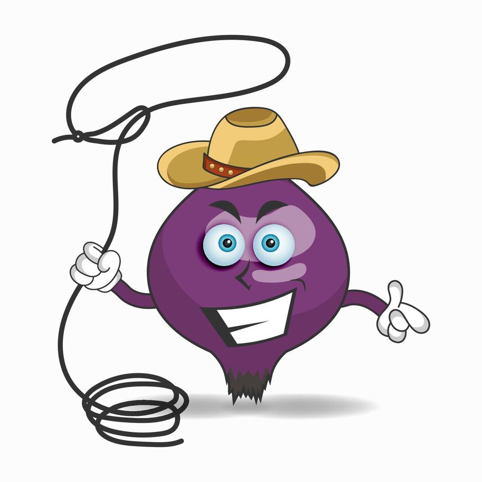 el personaje de la mascota de la cebolla morada se convierte en un vaquero. ilustración vectorial vector