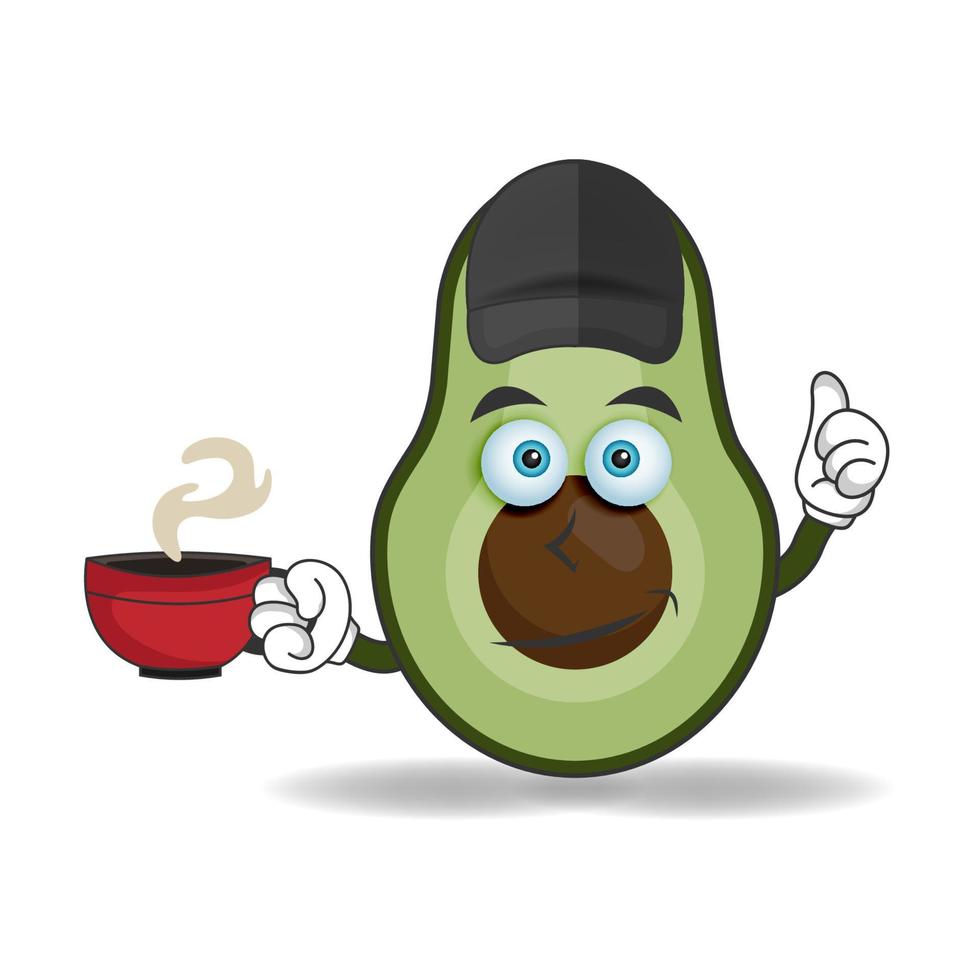 Avocado mascot character holding a hot cup of coffee. vector illustration