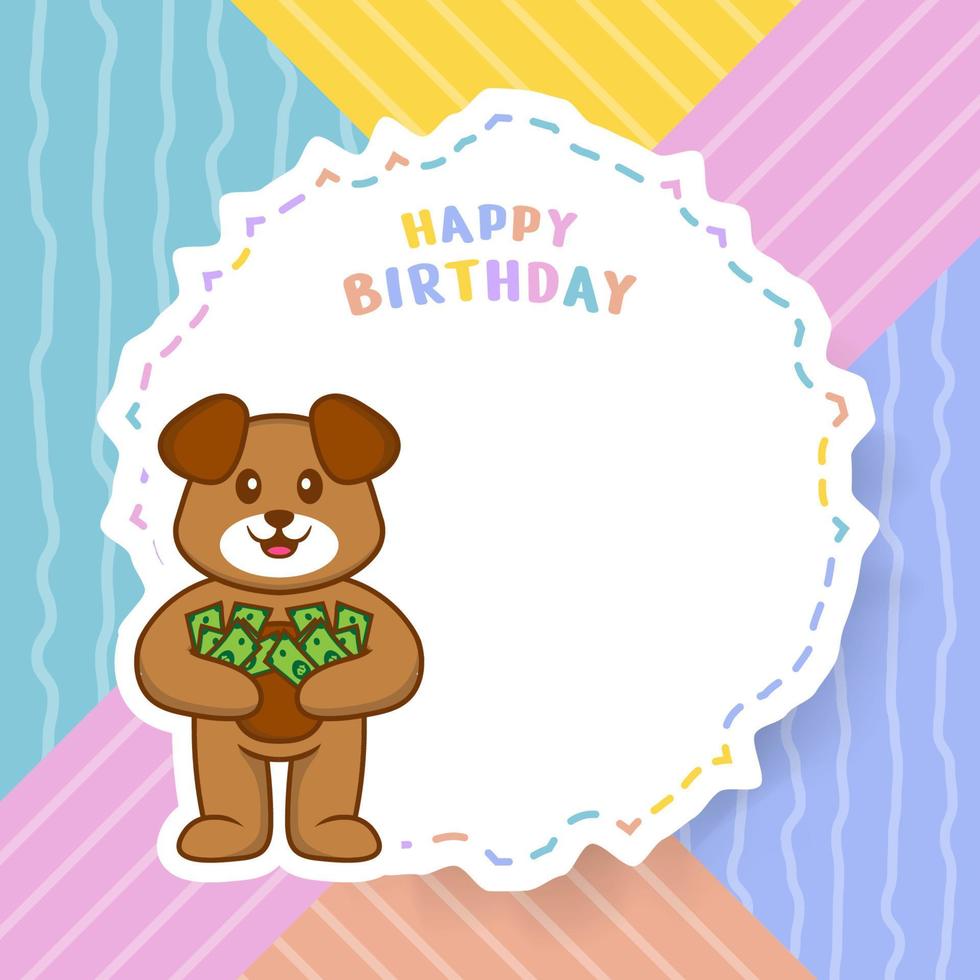 Happy Birthday greeting card with Cute dog cartoon character. Vector Illustration