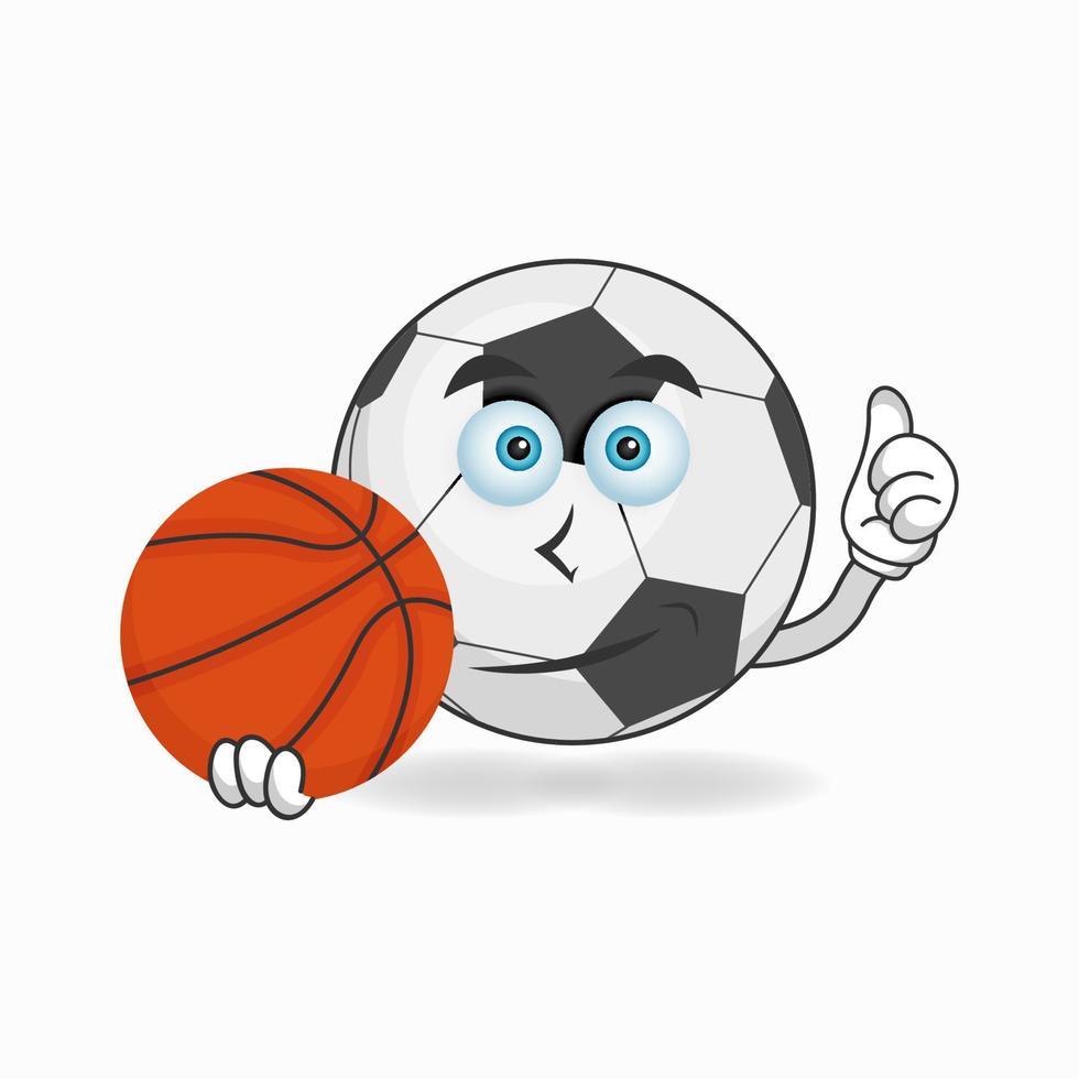 el personaje de la mascota del balón de fútbol se convierte en jugador de baloncesto. ilustración vectorial vector