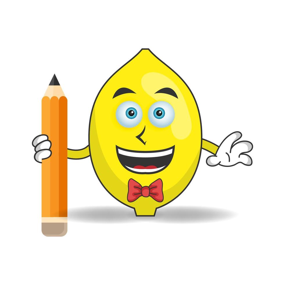 personaje de mascota de limón sosteniendo un lápiz. ilustración vectorial vector