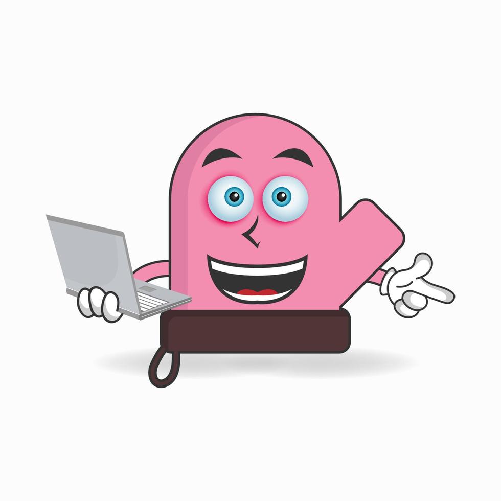 gloves mascot character with laptop in right hand. vector illustration