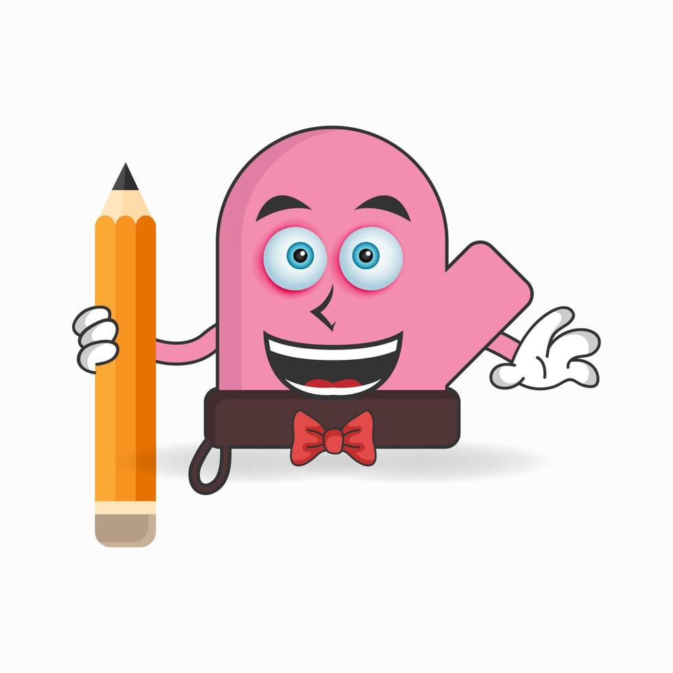personaje de mascota de guantes sosteniendo un lápiz. ilustración vectorial vector