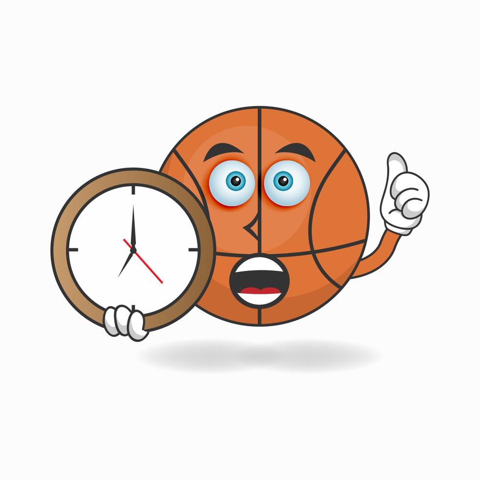 Basketball mascot character holding a wall clock. vector illustration