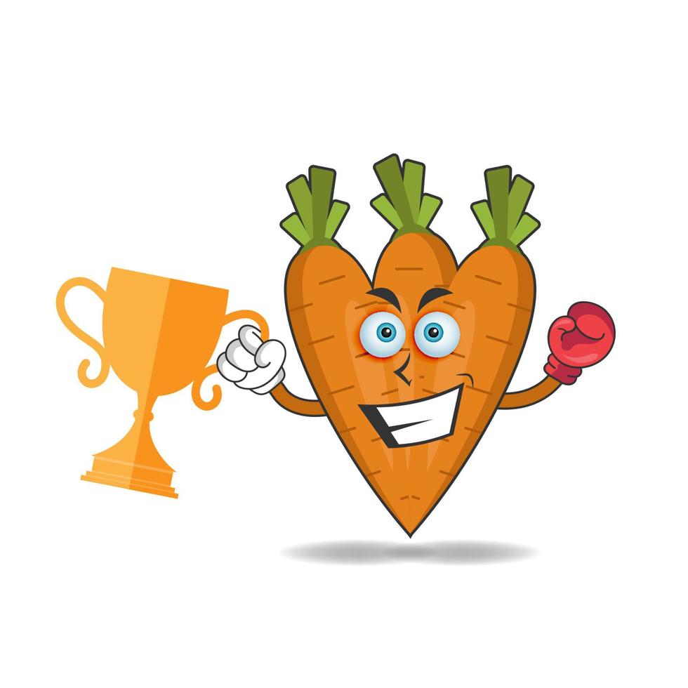 The Carrot mascot character wins a boxing trophy. vector illustration