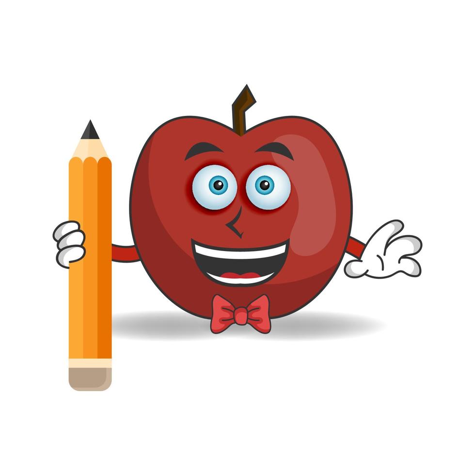 personaje de mascota de manzana sosteniendo un lápiz. ilustración vectorial vector