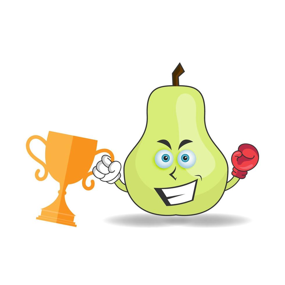 The Guava mascot character wins a boxing trophy. vector illustration