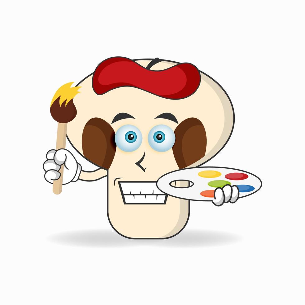 The mushrooms mascot character becomes a painter. vector illustration