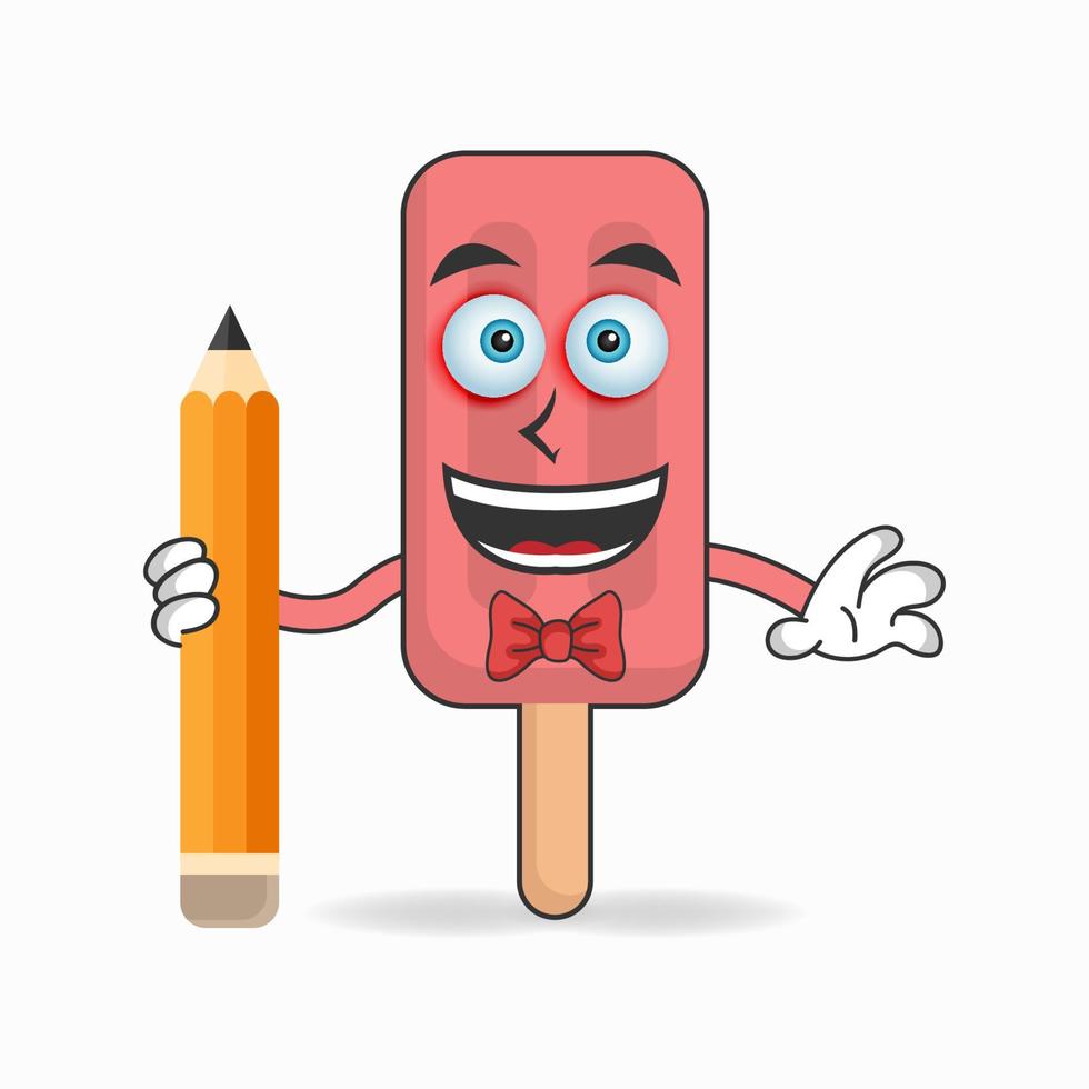 Personaje de mascota de helado rojo sosteniendo un lápiz. ilustración vectorial vector