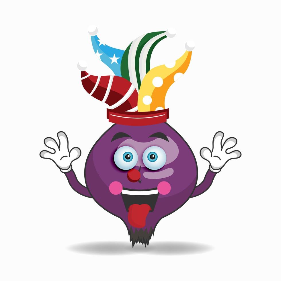 The Purple onion mascot character becomes a clown. vector illustration