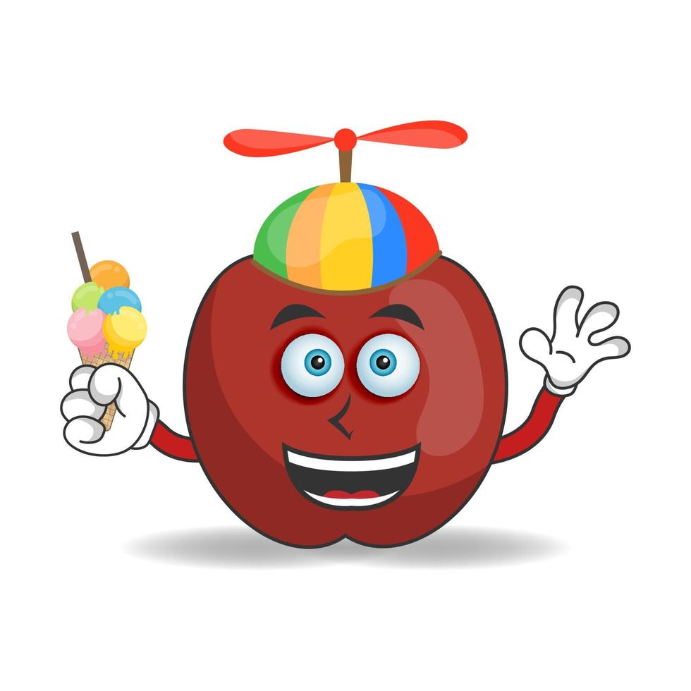 Apple mascot character with ice cream and colorful hat. vector illustration
