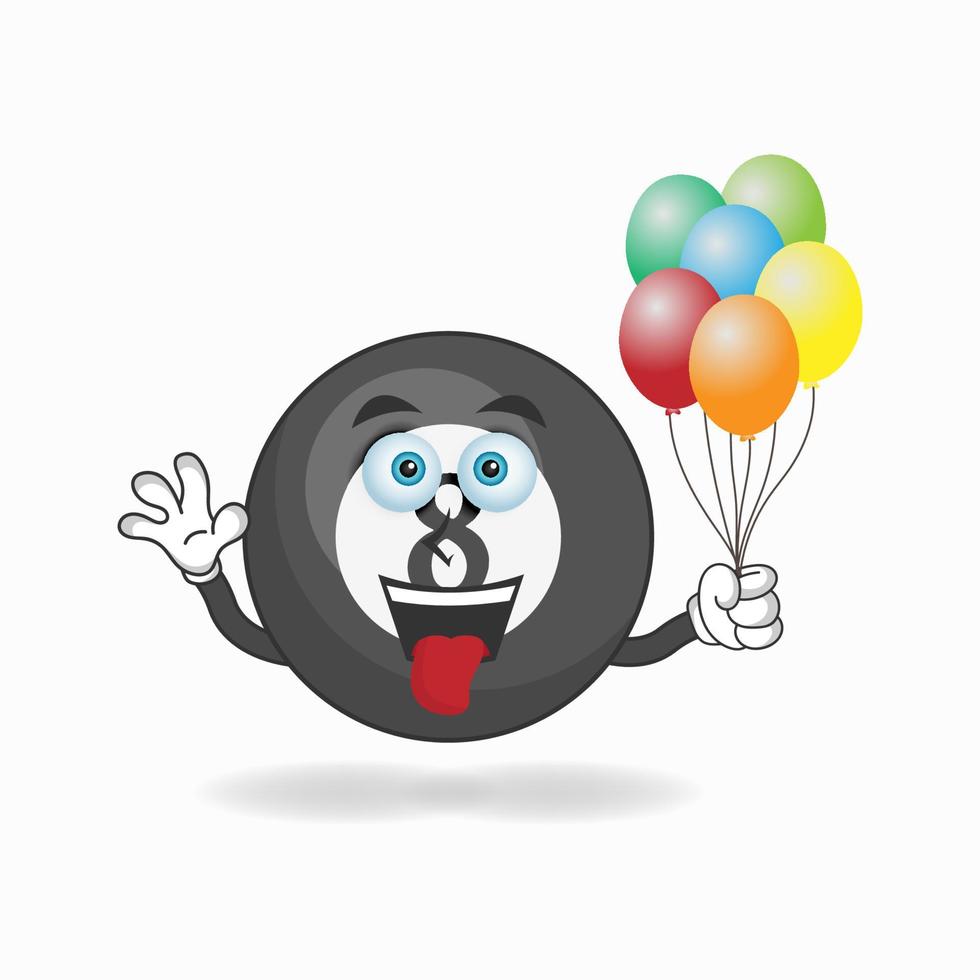 Billiard ball mascot character holding a balloon. vector illustration