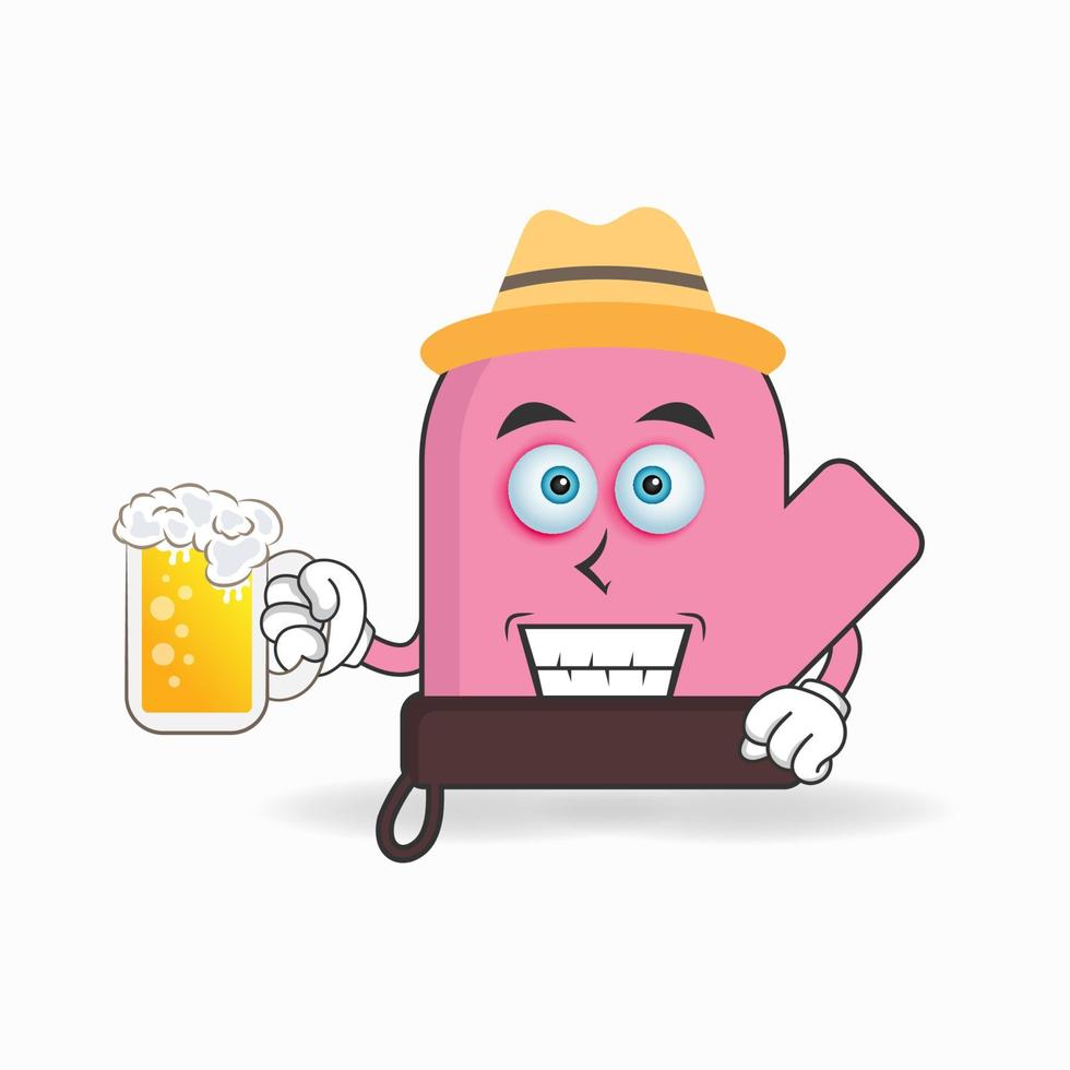 El personaje de la mascota de los guantes sostiene un vaso lleno de una bebida. ilustración vectorial vector