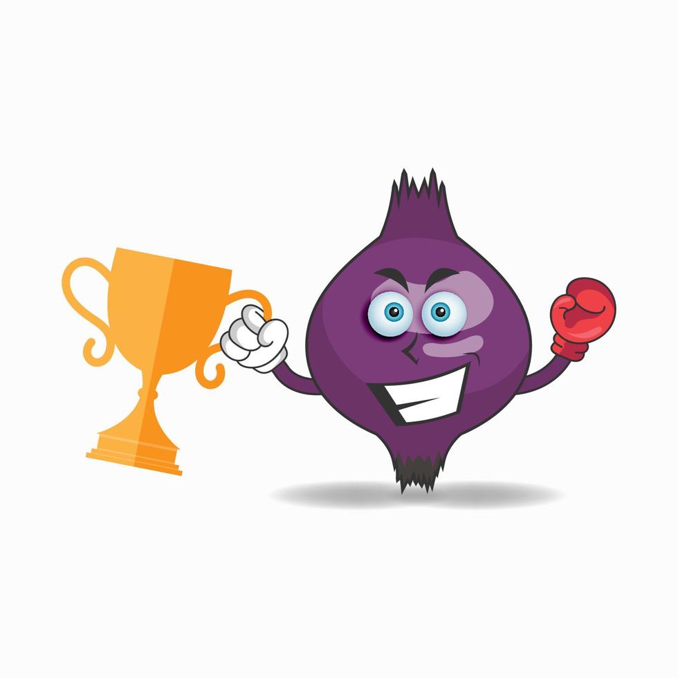 The Purple onion mascot character wins a boxing trophy. vector illustration