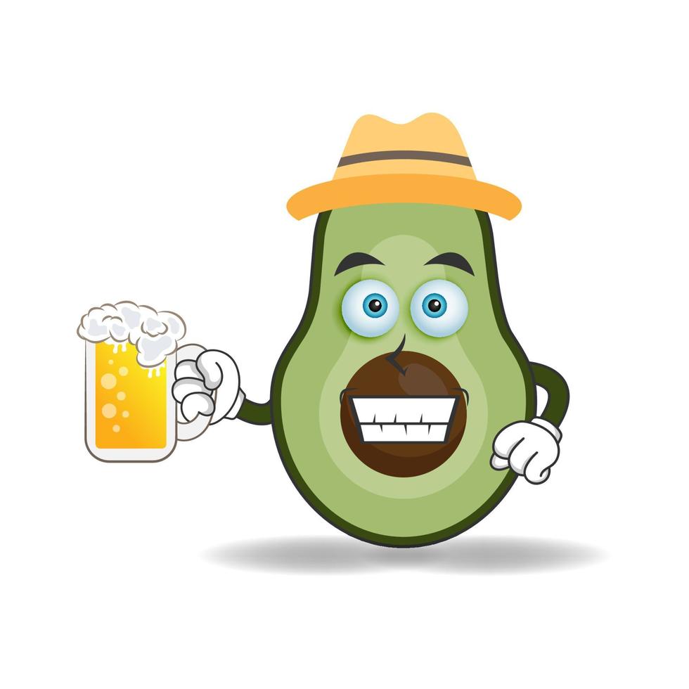 The Avocado mascot character is holding a glass filled with a drink. vector illustration