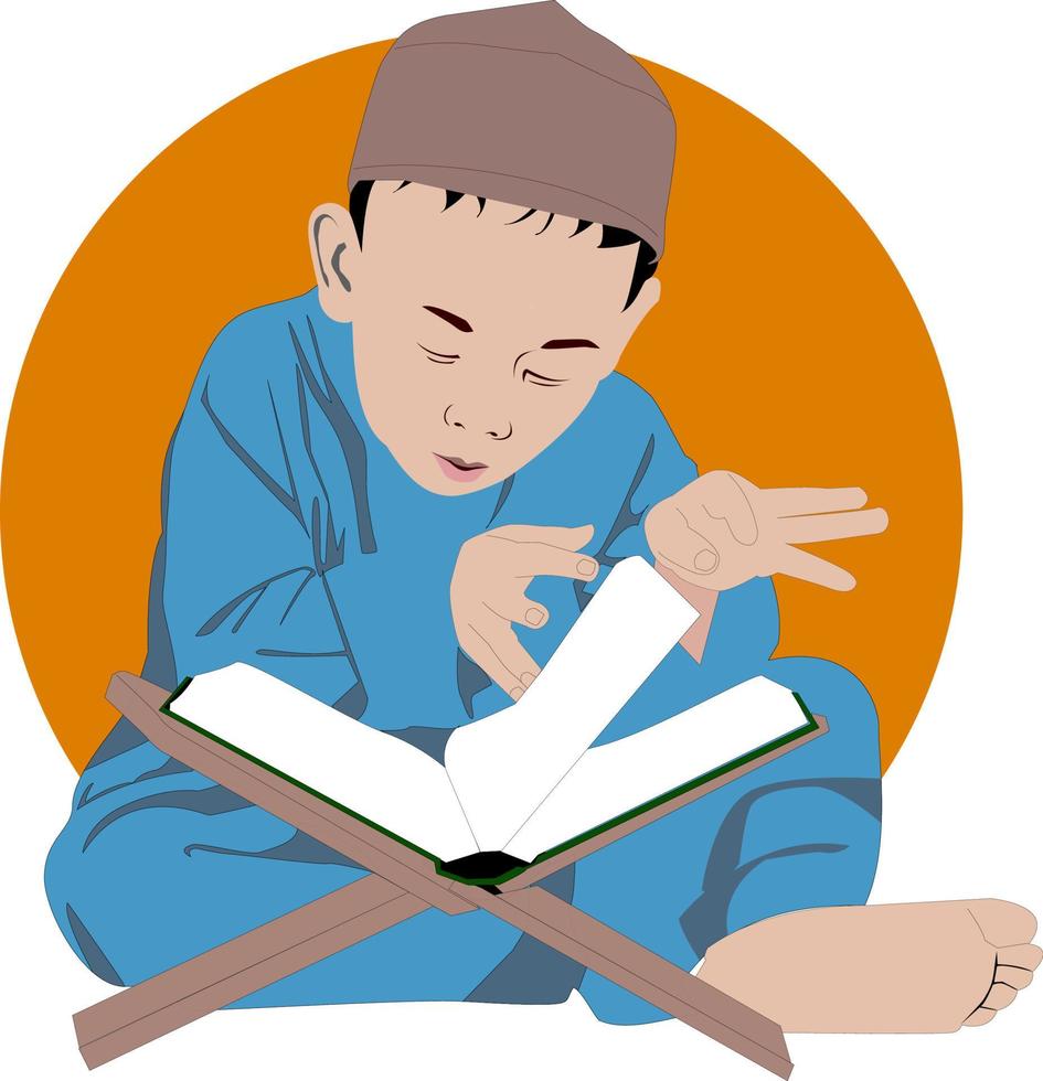 niño musulmán leyendo al quranquran es el libro sagrado islámico. niño recitación corán. actividades diarias de los musulmanes. actividad de Ramadán. rezar en el día de ayuno. vector