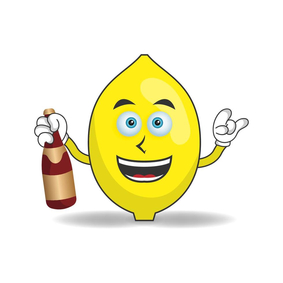Lemon mascot character holding a bottle. vector illustration