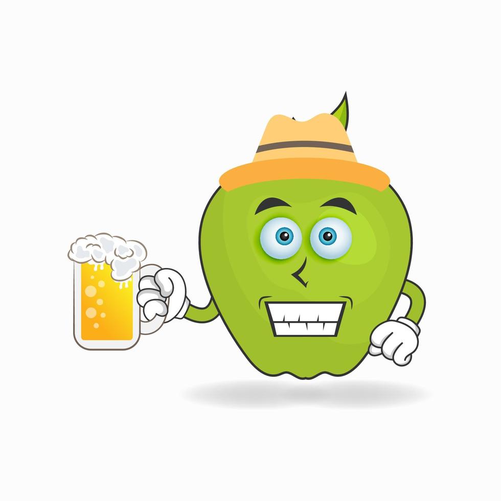 The Apple mascot character is holding a glass filled with a drink. vector illustration