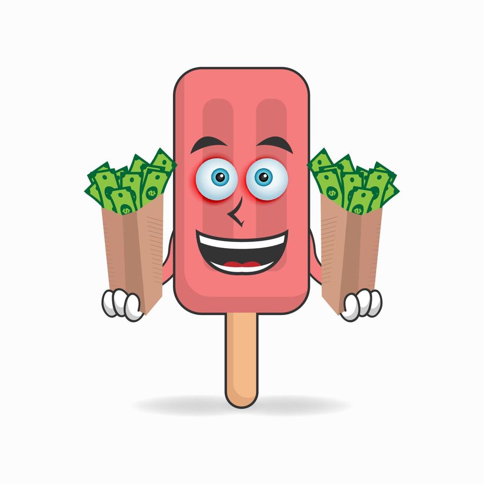 Red Ice Cream mascot character holding money. vector illustration
