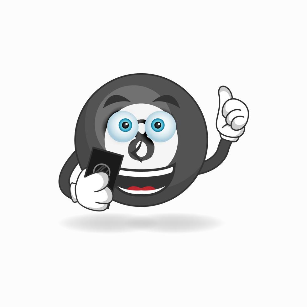 Billiard ball mascot character holding a cellphone. vector illustration