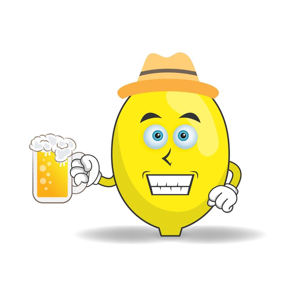 The Lemon mascot character is holding a glass filled with a drink. vector illustration