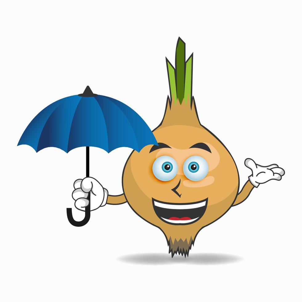 Onion mascot character holding an umbrella. vector illustration