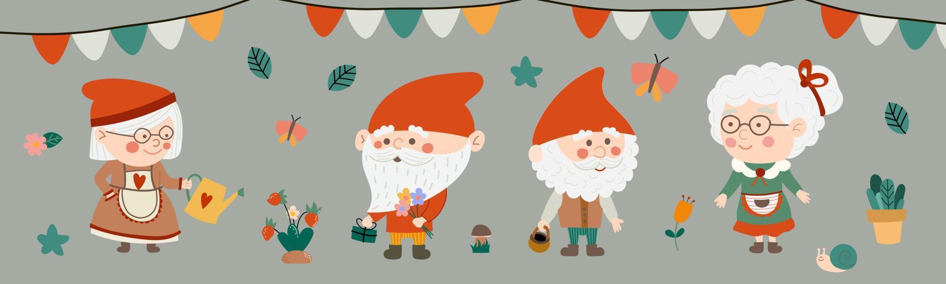 lindo conjunto de pequeños gnomos planos dibujados a mano. gnomos de fresa. parejas felices vector