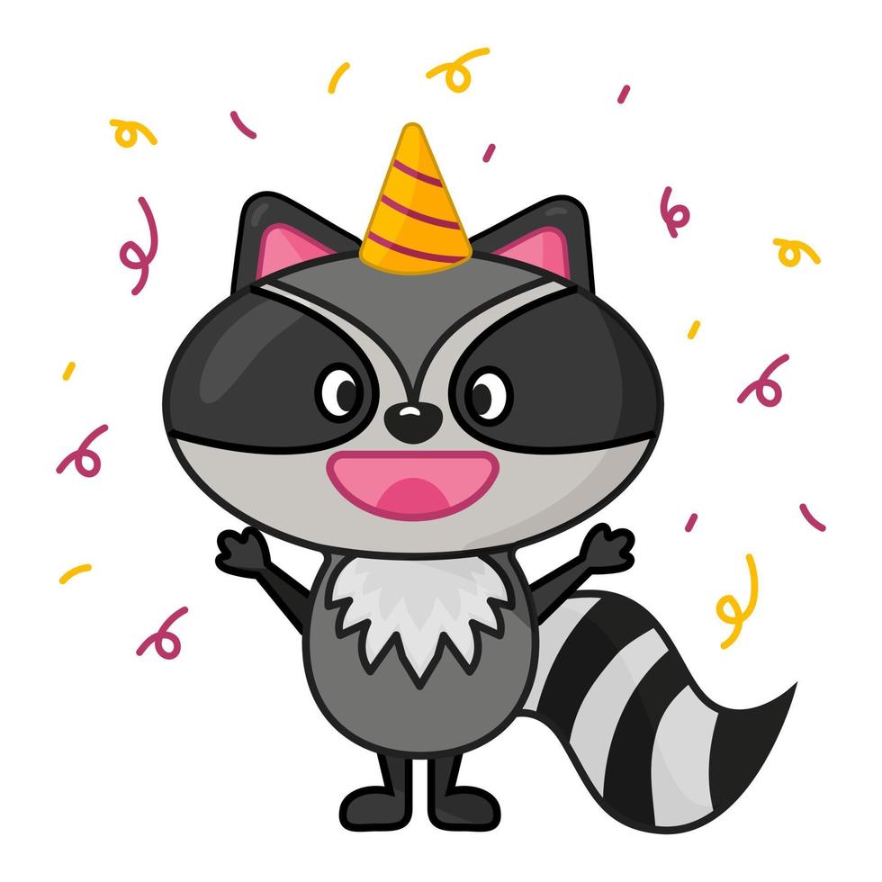 lindo personaje de cumpleaños de mapache feliz estilo plano vector