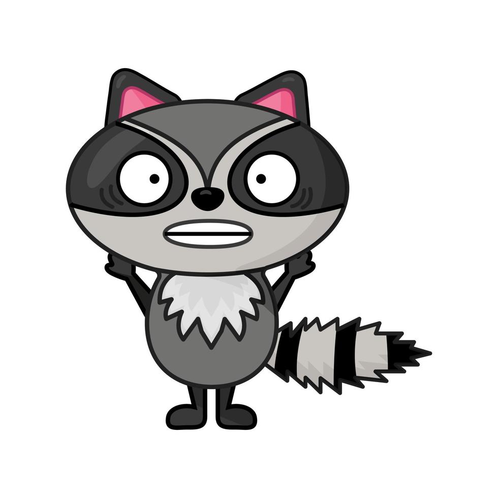 flat style funny scared raccoon character design vector