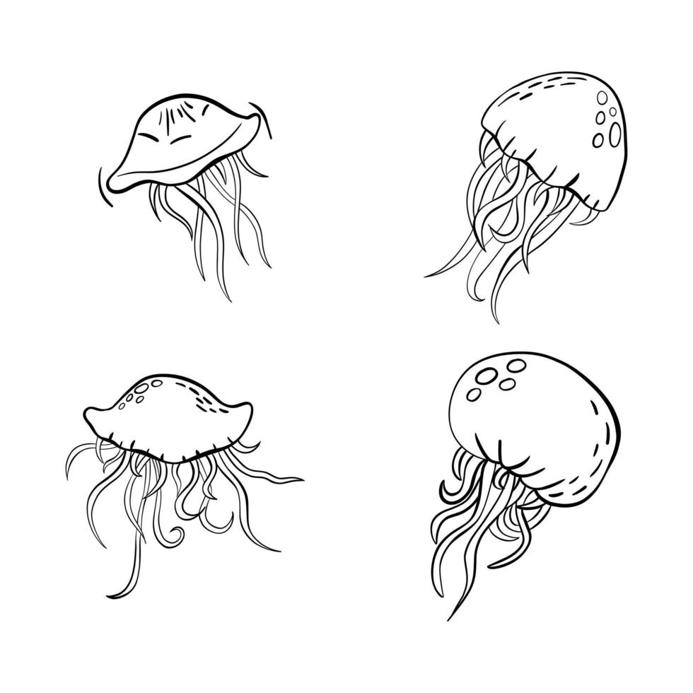 Black outline vector doodle cartoon jellyfish set