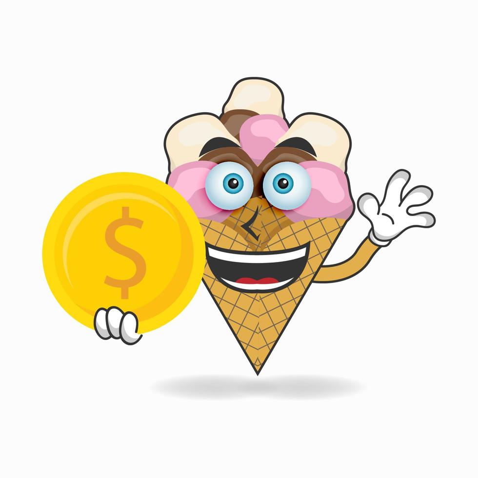 Ice Cream mascot character holding coins. vector illustration