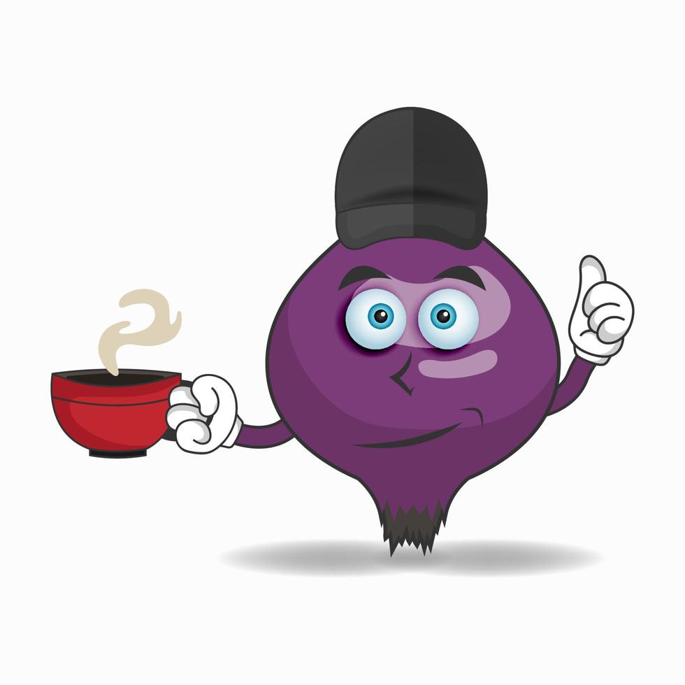 Purple onion mascot character holding a hot cup of coffee. vector illustration