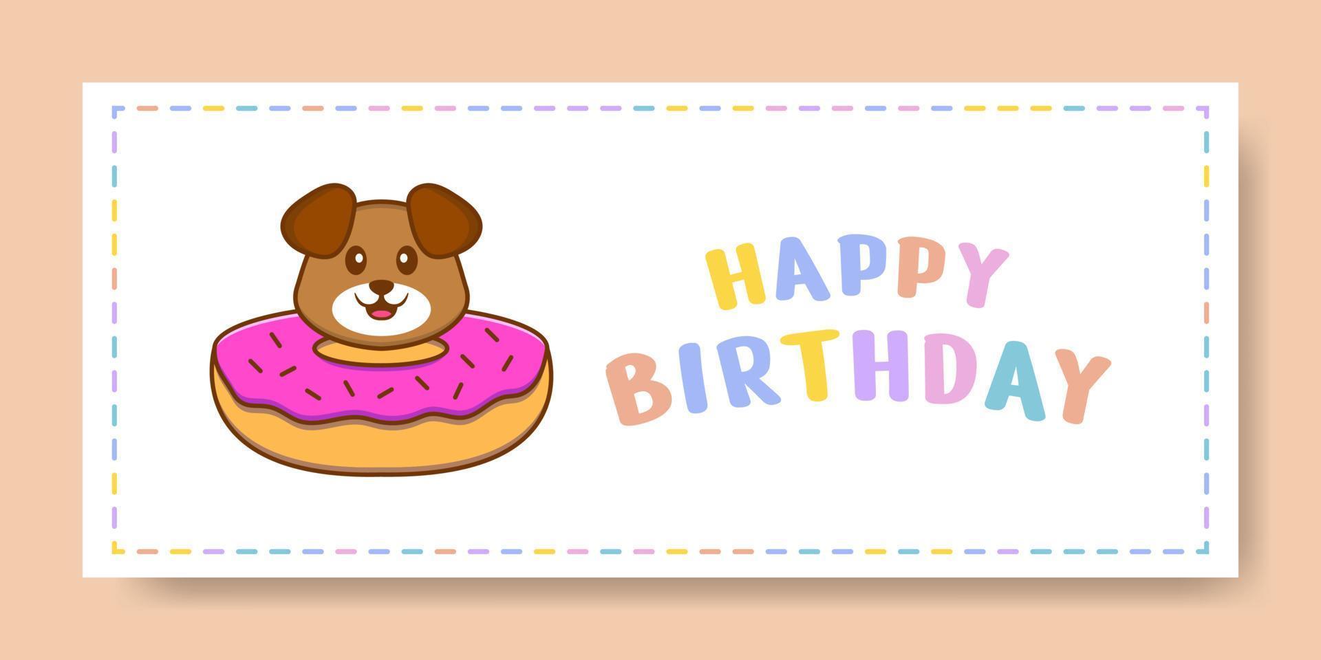 Happy Birthday banner with Cute dog cartoon character. Vector Illustration