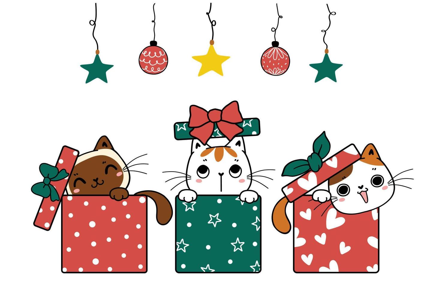 Group of Cute playful kitten cat seek and hid in Christmas boxes, cartoon hand drawn doodle flat vector