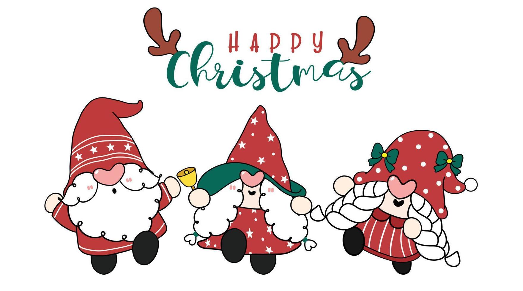 Group of cute Happy Christmas Santa Gnomes in red dress, happy Christmas, cartoon hand drawn doodle flat vecotr vector