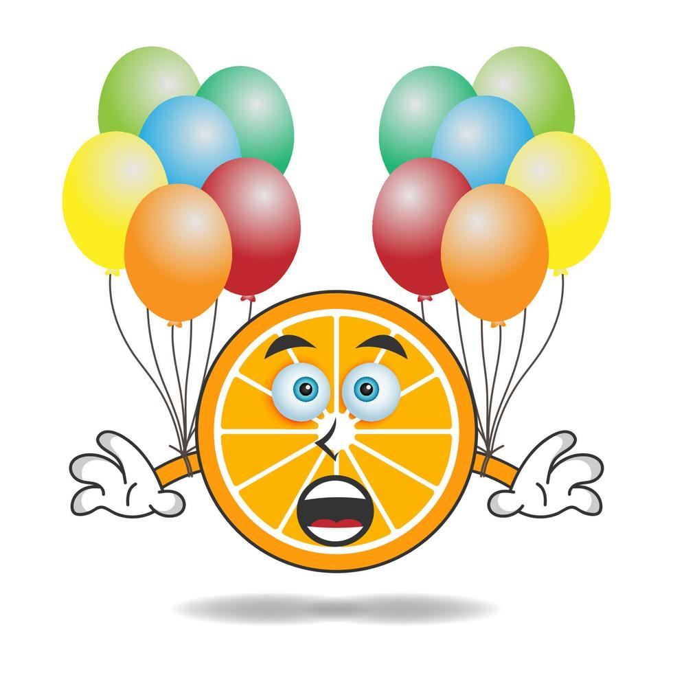 Orange mascot character holding a balloon. vector illustration