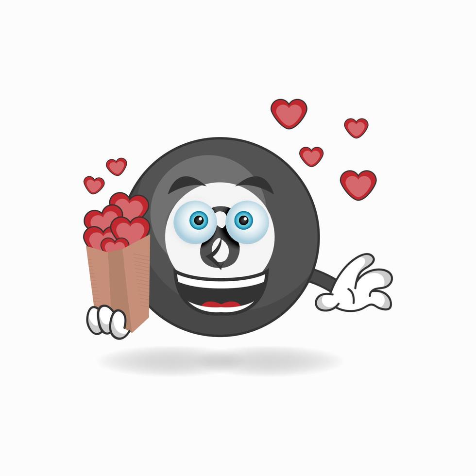 Personaje de mascota de bola de billar sosteniendo un icono de amor. ilustración vectorial vector