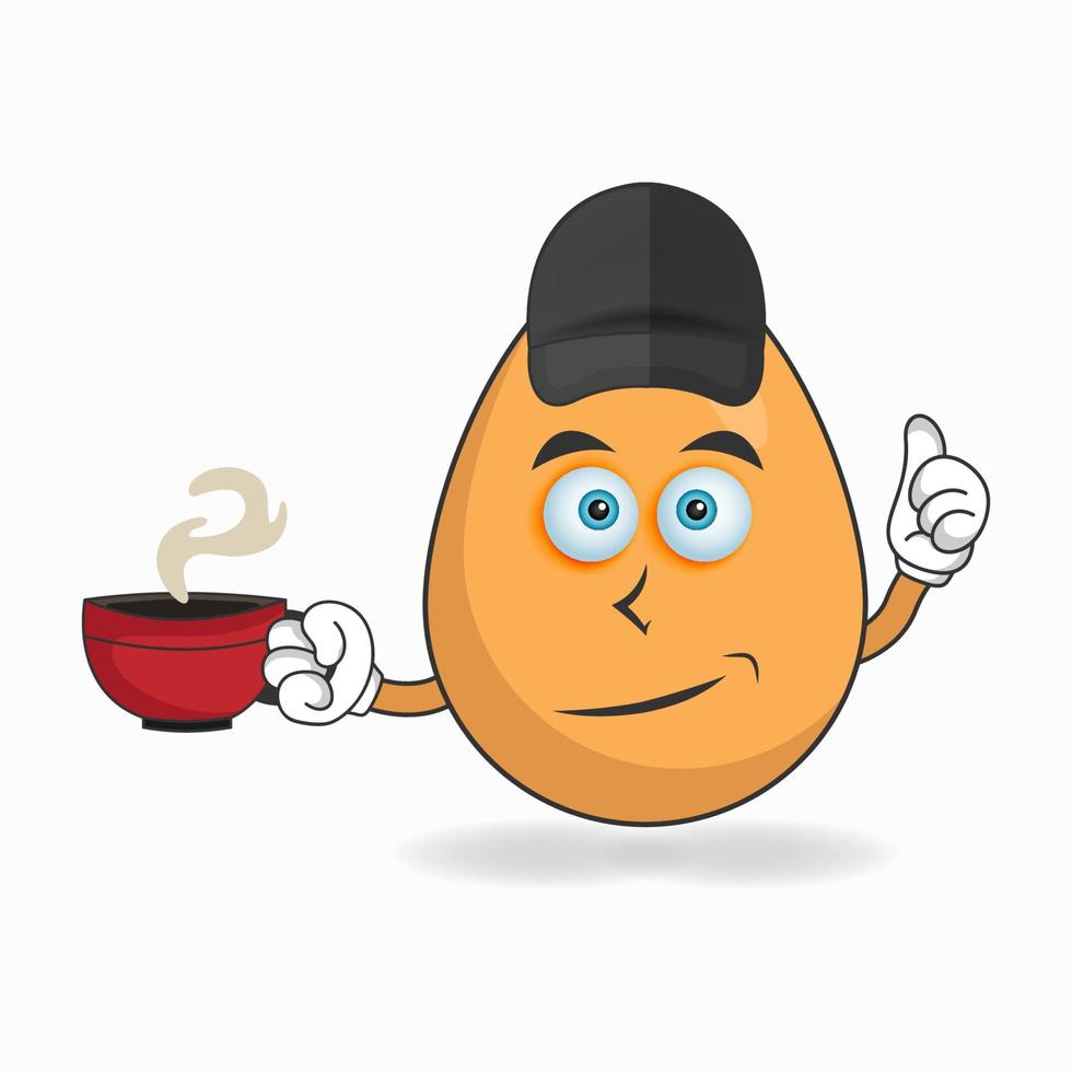 Egg mascot character holding a hot cup of coffee. vector illustration