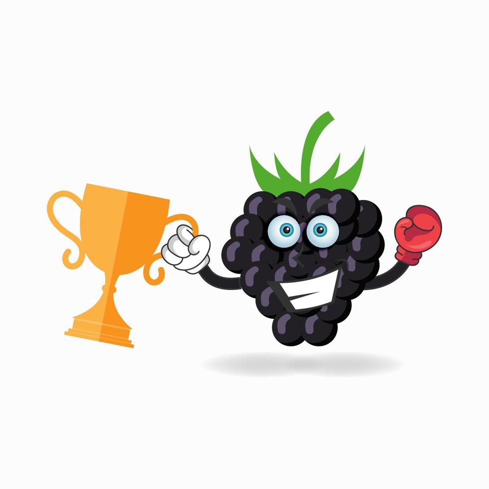 The Grape mascot character wins a boxing trophy. vector illustration