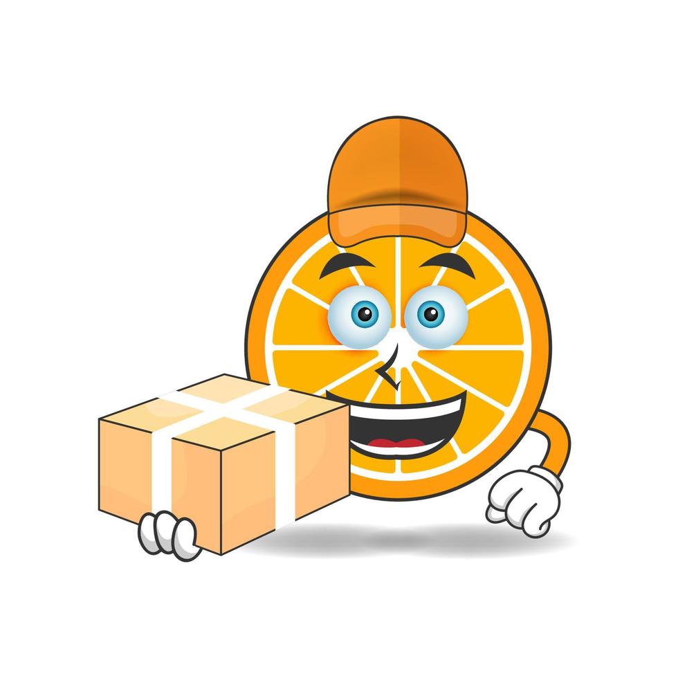 The Orange mascot character is a delivery person. vector illustration