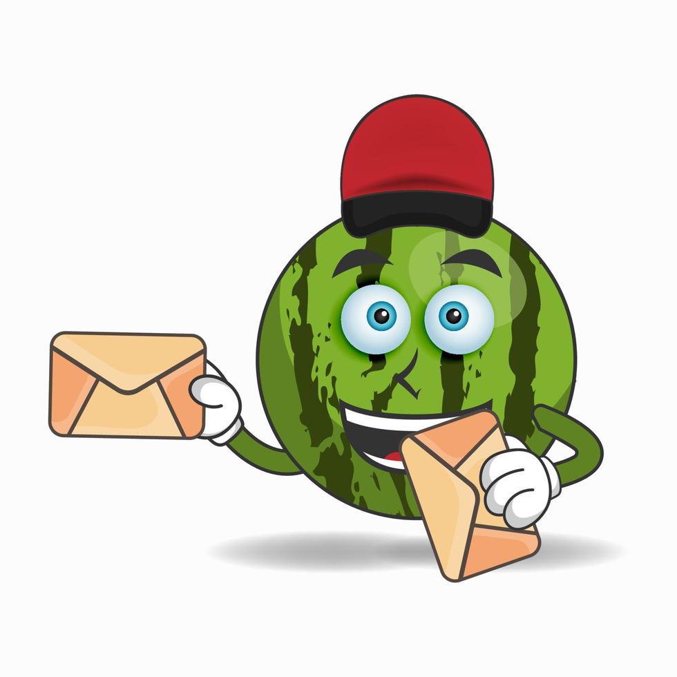The Watermelon mascot character becomes a mail deliverer. vector illustration