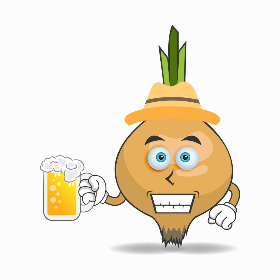 The Onion mascot character is holding a glass filled with a drink. vector illustration