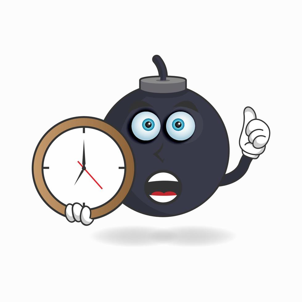 personaje de mascota boom sosteniendo un reloj de pared. ilustración vectorial vector